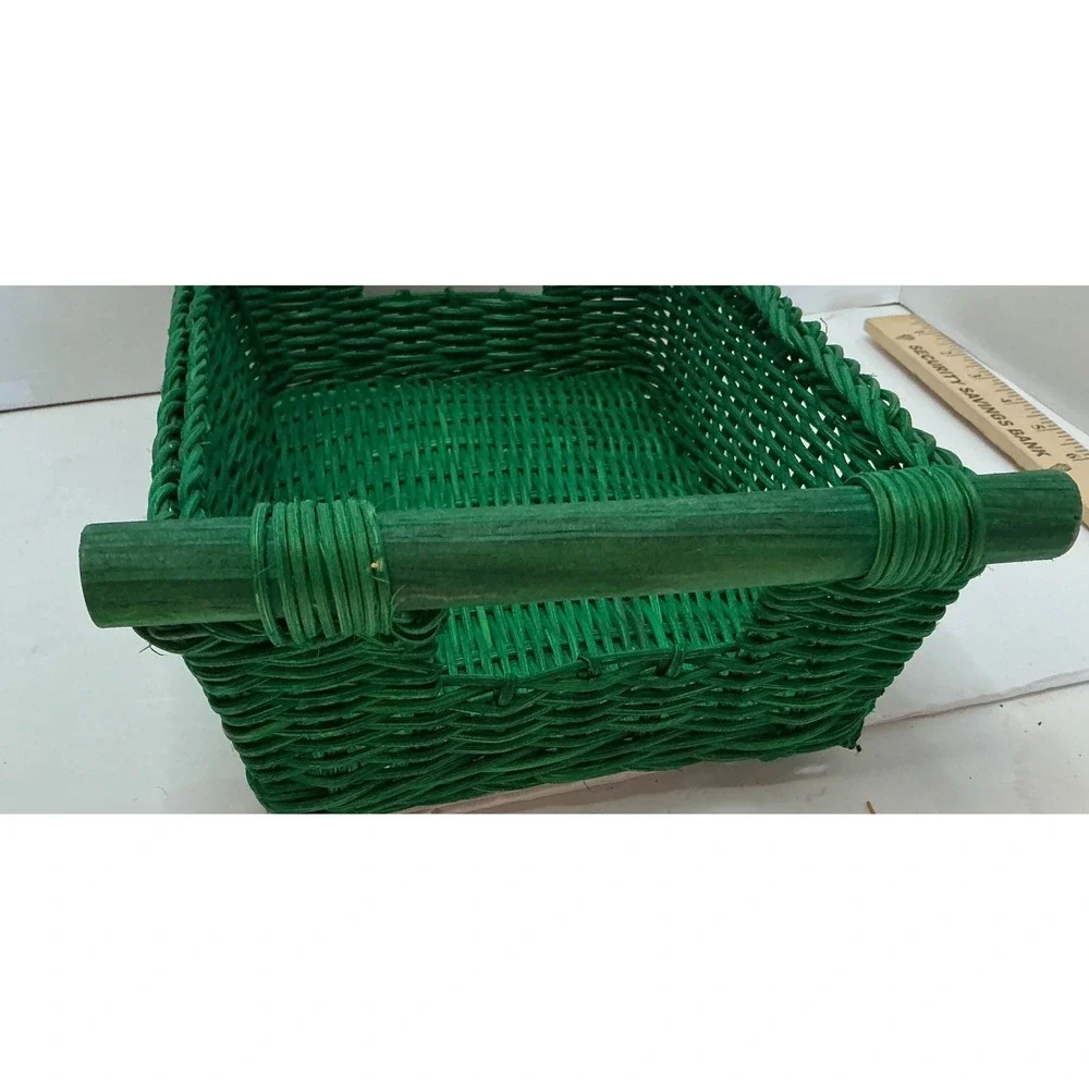 Green Wicker Basket Rectangular Wood Handles Storage Decor 10x8x4